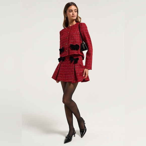 Moon River Dresses & Skirts - Moon River Red Plaid Crop Jacket & Mini Skirt Suit Set w/ Ribbon | Size S | NWT